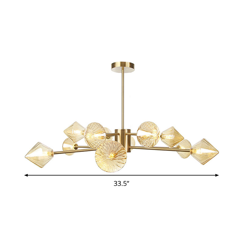 Diamond Chandelier Light Modern Amber Glass 12 Heads Bedroom Suspended Lighting Fixture Clearhalo 'Ceiling Lights' 'Chandeliers' 'Glass shade' 'Glass' 'Modern Chandeliers' 'Modern' Lighting' 316194