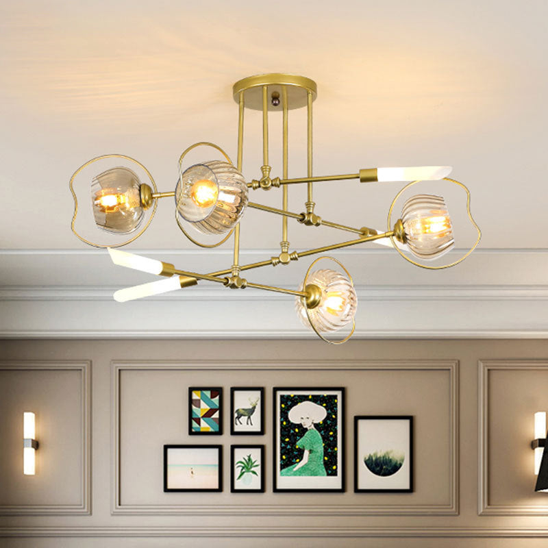 Modern 6/8 Heads Chandelier Light Gold Bowl Ceiling Suspension Lamp with Amber Glass Shade 8 Gold Clearhalo 'Ceiling Lights' 'Chandeliers' 'Glass shade' 'Glass' 'Modern Chandeliers' 'Modern' Lighting' 316225