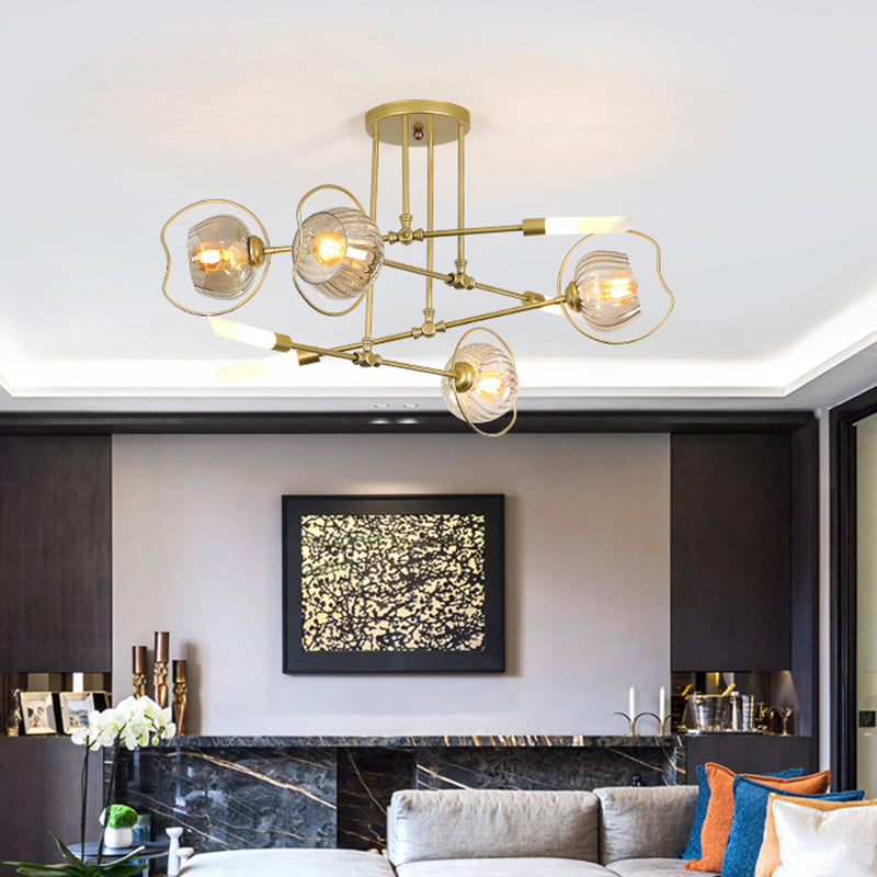 Modern 6/8 Heads Chandelier Light Gold Bowl Ceiling Suspension Lamp with Amber Glass Shade Clearhalo 'Ceiling Lights' 'Chandeliers' 'Glass shade' 'Glass' 'Modern Chandeliers' 'Modern' Lighting' 316227