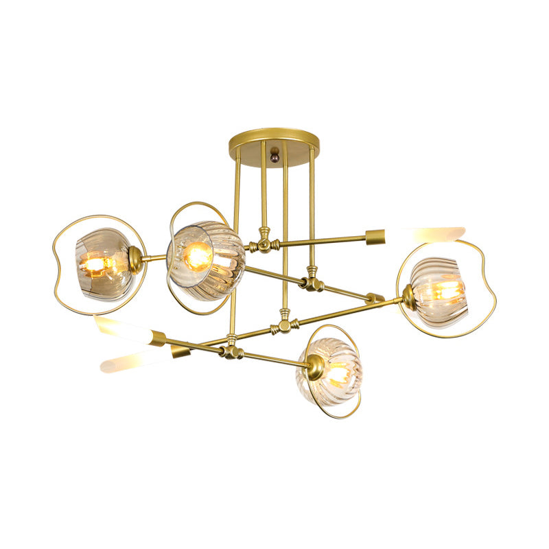 Modern 6/8 Heads Chandelier Light Gold Bowl Ceiling Suspension Lamp with Amber Glass Shade Clearhalo 'Ceiling Lights' 'Chandeliers' 'Glass shade' 'Glass' 'Modern Chandeliers' 'Modern' Lighting' 316228