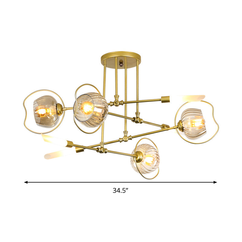 Modern 6/8 Heads Chandelier Light Gold Bowl Ceiling Suspension Lamp with Amber Glass Shade Clearhalo 'Ceiling Lights' 'Chandeliers' 'Glass shade' 'Glass' 'Modern Chandeliers' 'Modern' Lighting' 316229