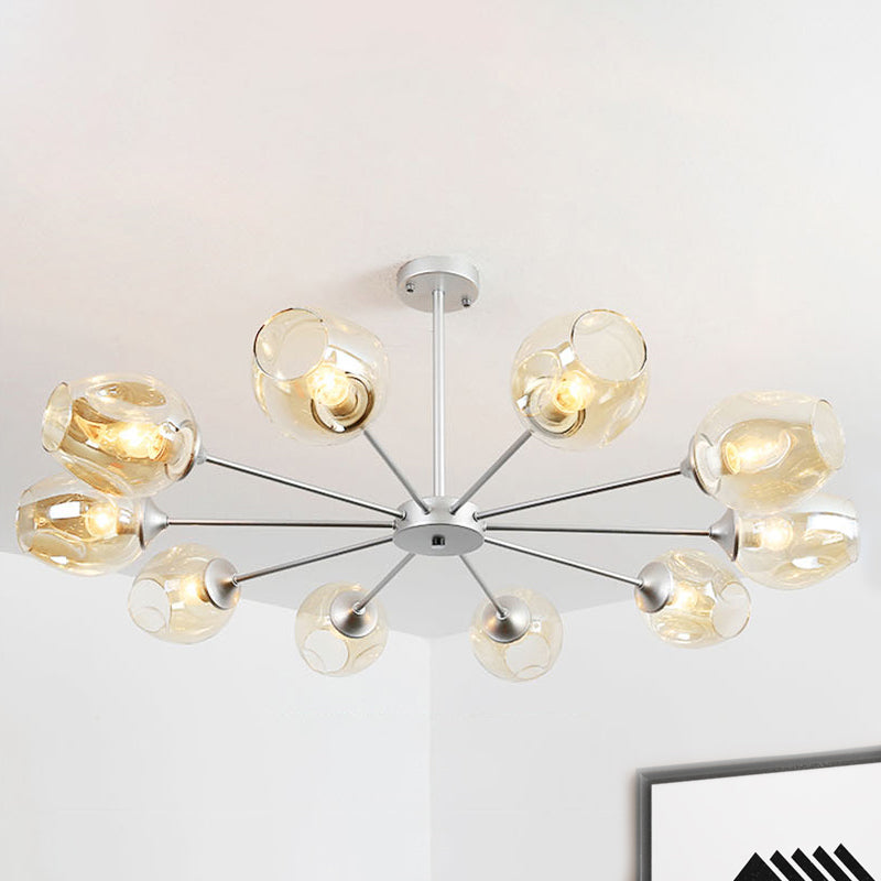 Contemporary 10 Bulbs Chandelier Lamp Silver Cup Hanging Pendant Light with Amber Glass Shade Silver Clearhalo 'Ceiling Lights' 'Chandeliers' 'Glass shade' 'Glass' 'Modern Chandeliers' 'Modern' Lighting' 316230