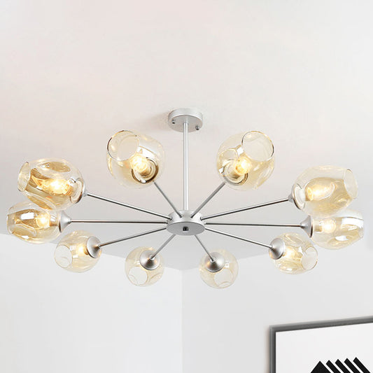 Contemporary 10 Bulbs Chandelier Lamp Silver Cup Hanging Pendant Light with Amber Glass Shade Silver Clearhalo 'Ceiling Lights' 'Chandeliers' 'Glass shade' 'Glass' 'Modern Chandeliers' 'Modern' Lighting' 316230