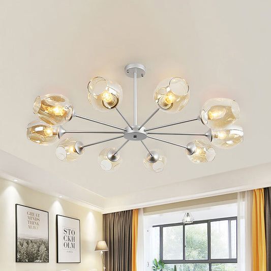 Contemporary 10 Bulbs Chandelier Lamp Silver Cup Hanging Pendant Light with Amber Glass Shade Clearhalo 'Ceiling Lights' 'Chandeliers' 'Glass shade' 'Glass' 'Modern Chandeliers' 'Modern' Lighting' 316231