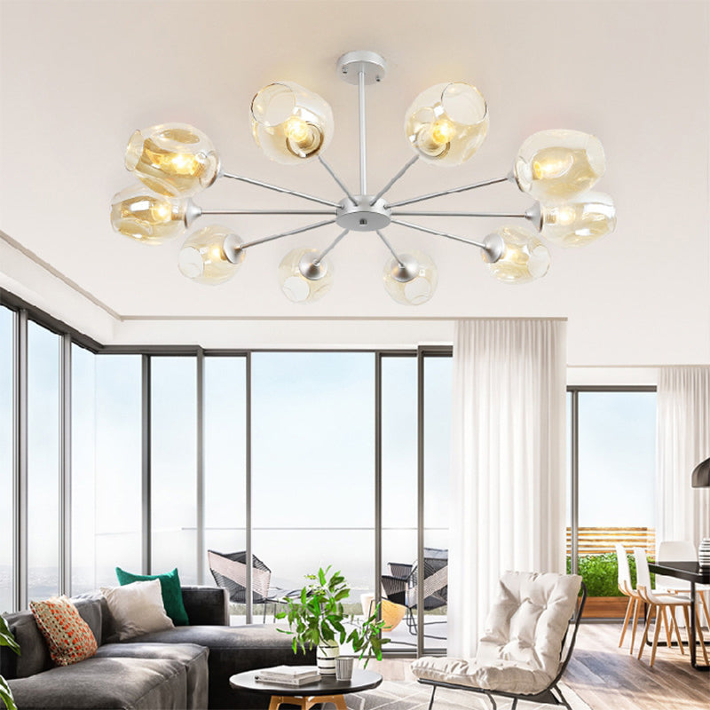 Contemporary 10 Bulbs Chandelier Lamp Silver Cup Hanging Pendant Light with Amber Glass Shade Clearhalo 'Ceiling Lights' 'Chandeliers' 'Glass shade' 'Glass' 'Modern Chandeliers' 'Modern' Lighting' 316232