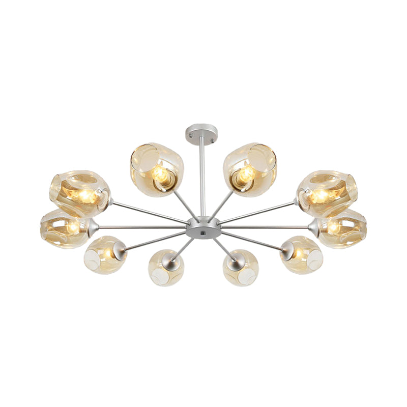 Contemporary 10 Bulbs Chandelier Lamp Silver Cup Hanging Pendant Light with Amber Glass Shade Clearhalo 'Ceiling Lights' 'Chandeliers' 'Glass shade' 'Glass' 'Modern Chandeliers' 'Modern' Lighting' 316233