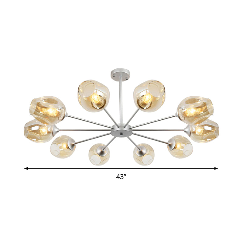 Contemporary 10 Bulbs Chandelier Lamp Silver Cup Hanging Pendant Light with Amber Glass Shade Clearhalo 'Ceiling Lights' 'Chandeliers' 'Glass shade' 'Glass' 'Modern Chandeliers' 'Modern' Lighting' 316234