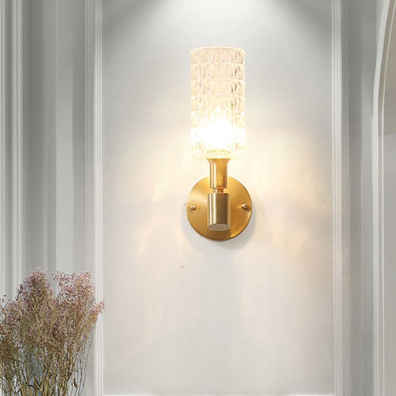 Gold Tube Sconce Light Traditionary Ribbed Glass 1 Bulb Wall Mounted Lamp for Living Room Gold Clearhalo 'Wall Lamps & Sconces' 'Wall Lights' Lighting' 316310