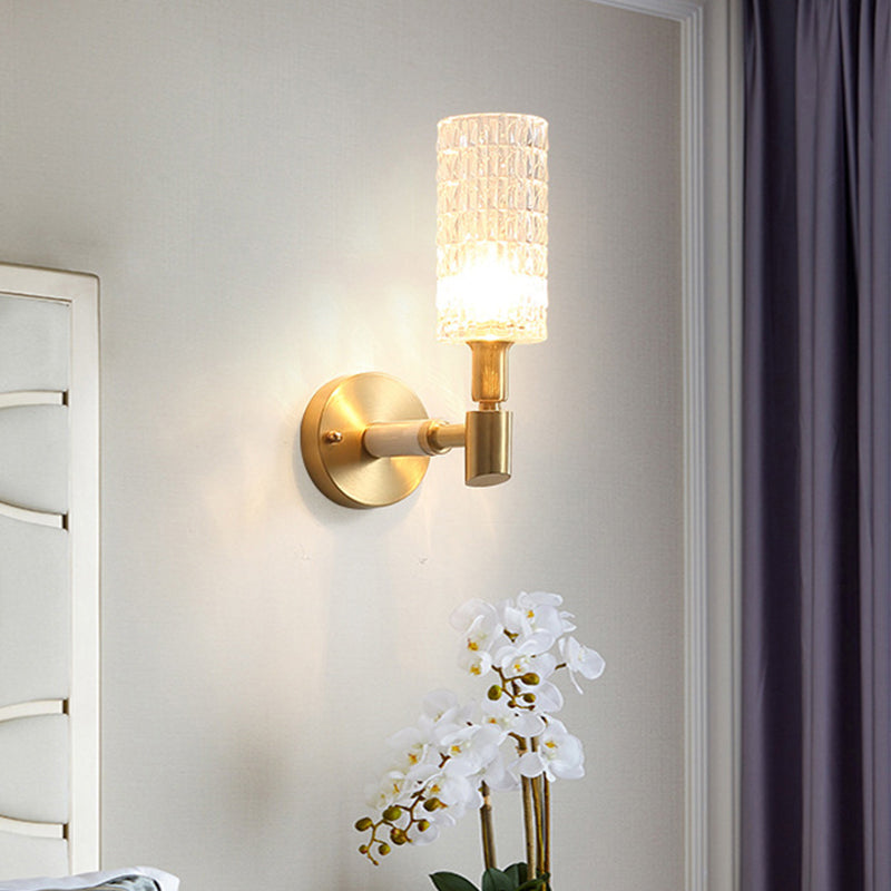 Gold Tube Sconce Light Traditionary Ribbed Glass 1 Bulb Wall Mounted Lamp for Living Room Clearhalo 'Wall Lamps & Sconces' 'Wall Lights' Lighting' 316311