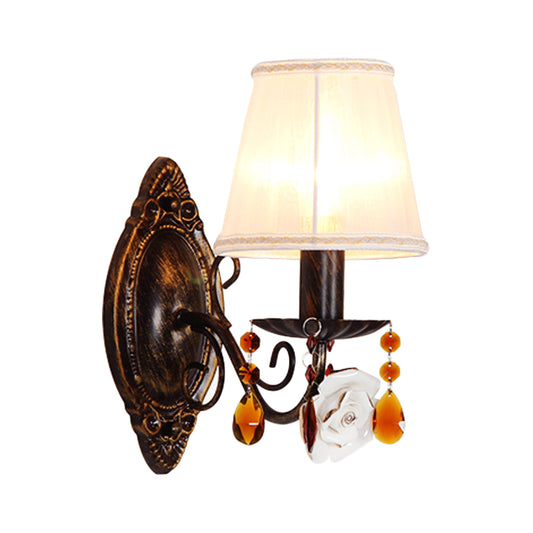1 Light Curved Arm Sconce Vintage White Wall Mounted Light Fixture for Corridor with Cone Fabric Shade Clearhalo 'Wall Lamps & Sconces' 'Wall Lights' Lighting' 316359