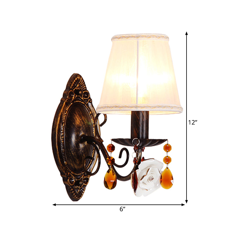 1 Light Curved Arm Sconce Vintage White Wall Mounted Light Fixture for Corridor with Cone Fabric Shade Clearhalo 'Wall Lamps & Sconces' 'Wall Lights' Lighting' 316360