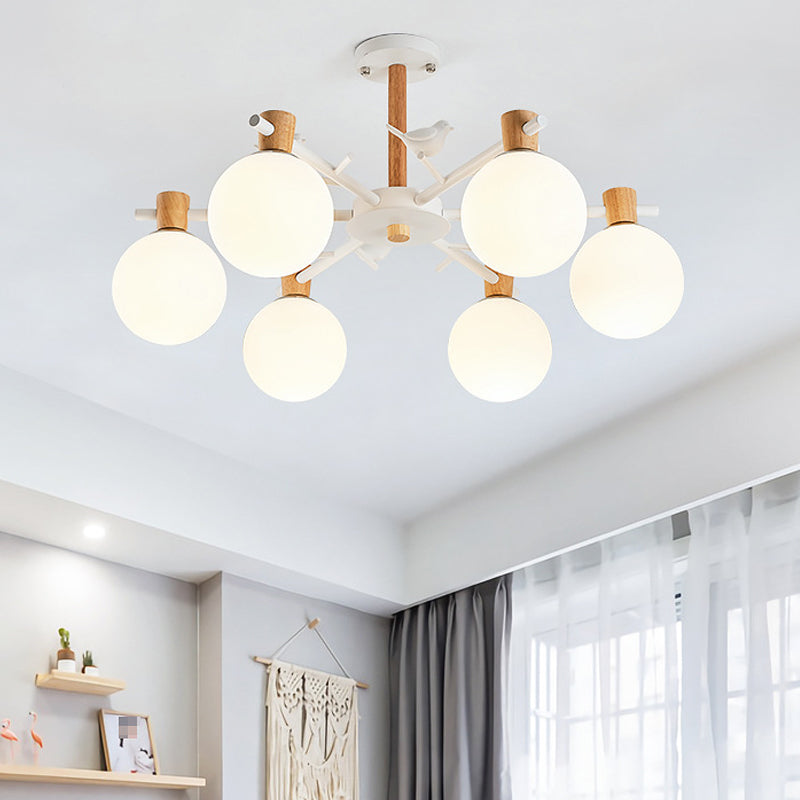 White Glass Sphere Hanging Chandelier Asian 6/8 Bulbs Pendant Lighting Fixture with Bird Clearhalo 'Ceiling Lights' 'Chandeliers' 'Close To Ceiling Lights' 'Glass shade' 'Glass' Lighting' 316423
