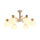 White Glass Sphere Hanging Chandelier Asian 6/8 Bulbs Pendant Lighting Fixture with Bird Clearhalo 'Ceiling Lights' 'Chandeliers' 'Close To Ceiling Lights' 'Glass shade' 'Glass' Lighting' 316424
