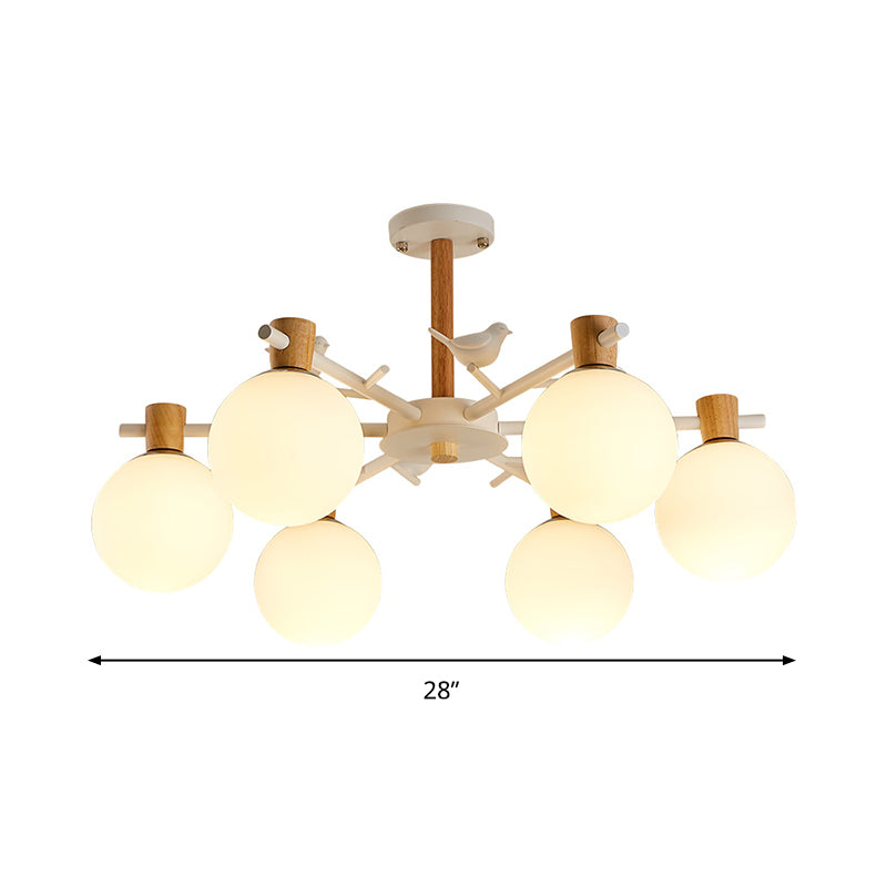White Glass Sphere Hanging Chandelier Asian 6/8 Bulbs Pendant Lighting Fixture with Bird Clearhalo 'Ceiling Lights' 'Chandeliers' 'Close To Ceiling Lights' 'Glass shade' 'Glass' Lighting' 316425