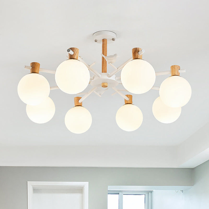 White Glass Sphere Hanging Chandelier Asian 6/8 Bulbs Pendant Lighting Fixture with Bird Clearhalo 'Ceiling Lights' 'Chandeliers' 'Close To Ceiling Lights' 'Glass shade' 'Glass' Lighting' 316427