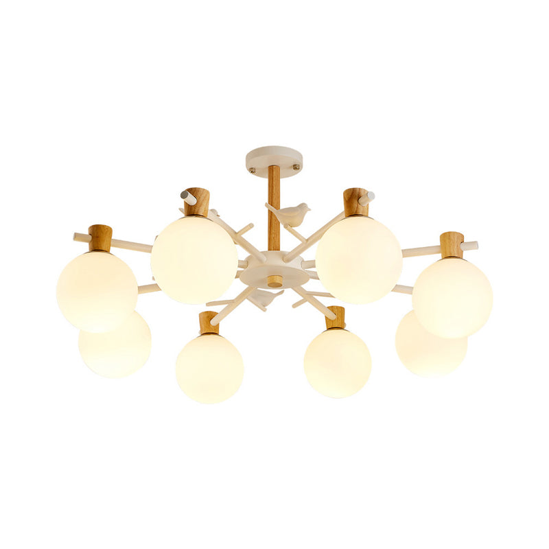 White Glass Sphere Hanging Chandelier Asian 6/8 Bulbs Pendant Lighting Fixture with Bird Clearhalo 'Ceiling Lights' 'Chandeliers' 'Close To Ceiling Lights' 'Glass shade' 'Glass' Lighting' 316429
