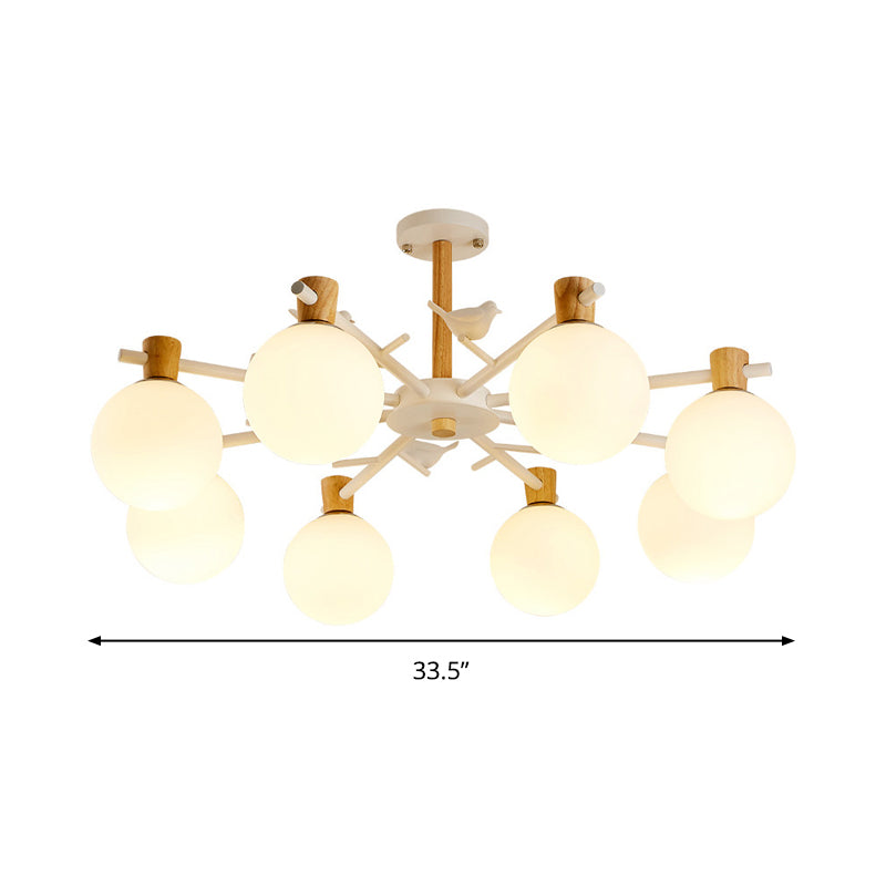 White Glass Sphere Hanging Chandelier Asian 6/8 Bulbs Pendant Lighting Fixture with Bird Clearhalo 'Ceiling Lights' 'Chandeliers' 'Close To Ceiling Lights' 'Glass shade' 'Glass' Lighting' 316430