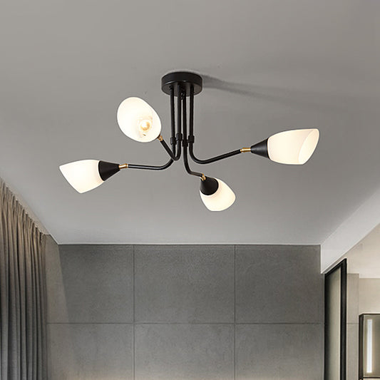 Modernism 4/6/8 Bulbs Ceiling Chandelier Black Flared Hanging Pendant Light with Milky Glass Shade 4 Black Clearhalo 'Ceiling Lights' 'Chandeliers' 'Glass shade' 'Glass' 'Modern Chandeliers' 'Modern' Lighting' 316431