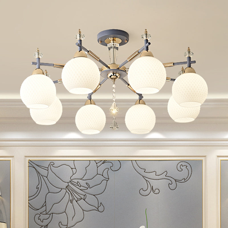 8 Bulbs Living Room Chandelier Light Modern Grey Pendant Lighting Fixture with Orb Milk Glass Shade Grey Clearhalo 'Ceiling Lights' 'Chandeliers' 'Close To Ceiling Lights' 'Glass shade' 'Glass' 'Modern Chandeliers' 'Modern' Lighting' 316461