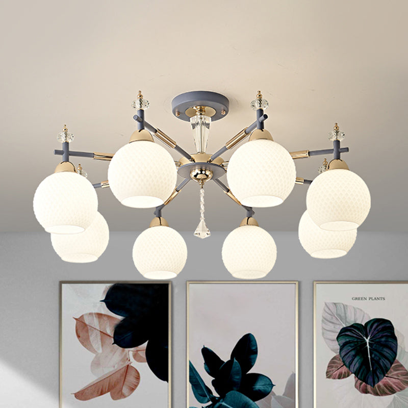 8 Bulbs Living Room Chandelier Light Modern Grey Pendant Lighting Fixture with Orb Milk Glass Shade Clearhalo 'Ceiling Lights' 'Chandeliers' 'Close To Ceiling Lights' 'Glass shade' 'Glass' 'Modern Chandeliers' 'Modern' Lighting' 316462