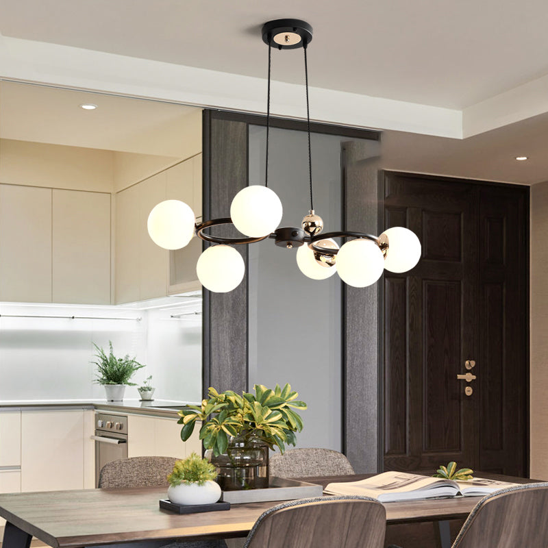 6 Heads Round Pendant Chandelier Modernism Opal Glass Ceiling Suspension Lamp in Black Black Clearhalo 'Ceiling Lights' 'Chandeliers' 'Close To Ceiling Lights' 'Glass shade' 'Glass' 'Modern Chandeliers' 'Modern' Lighting' 316476