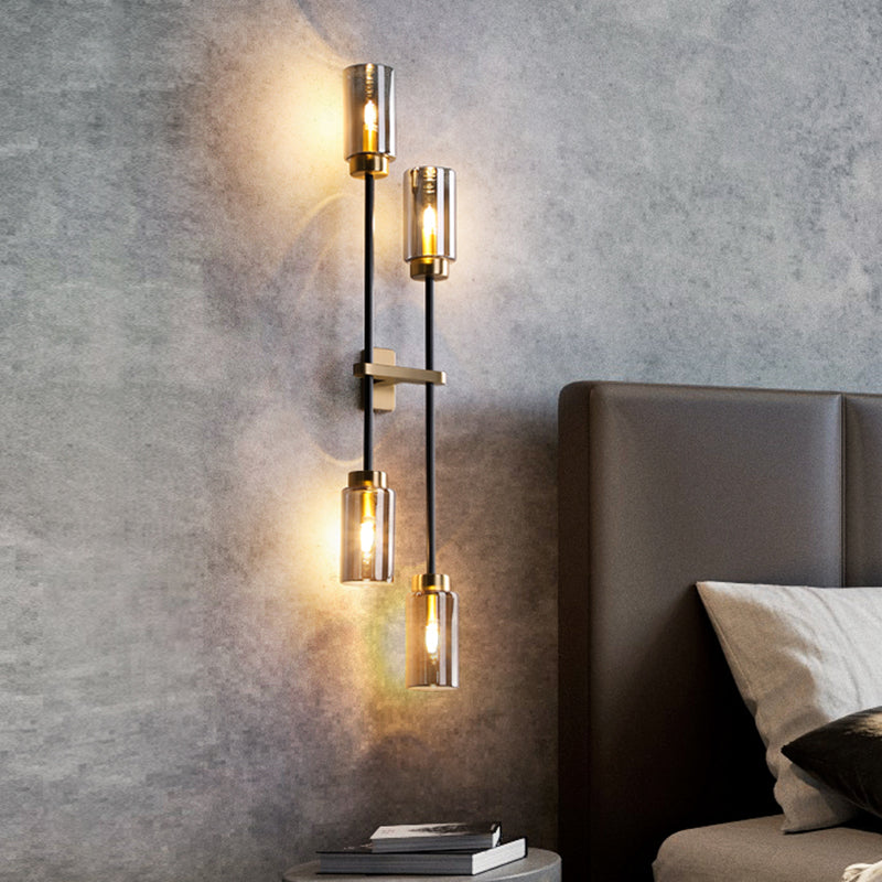 Smoke Gray Glass Black Wall Lamp Cylinder 2/4 Bulbs Simple Wall Lighting Fixture for Living Room 4.0 Black Clearhalo 'Wall Lamps & Sconces' 'Wall Lights' Lighting' 316663