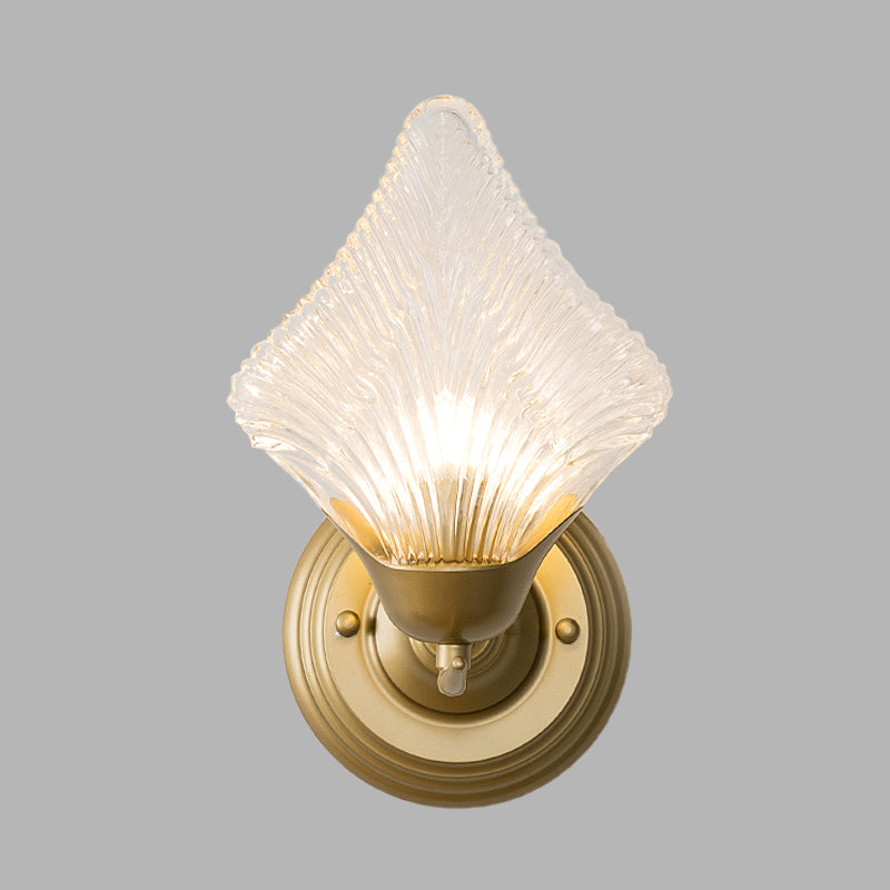 Shell Bedroom Wall Sconce Light Vintage Clear Ribbed Glass 1/2 Heads Gold Wall Lighting Fixture Clearhalo 'Wall Lamps & Sconces' 'Wall Lights' Lighting' 316710