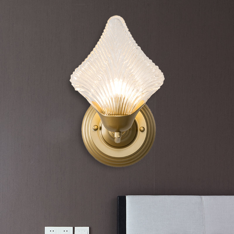 Shell Bedroom Wall Sconce Light Vintage Clear Ribbed Glass 1/2 Heads Gold Wall Lighting Fixture Clearhalo 'Wall Lamps & Sconces' 'Wall Lights' Lighting' 316711