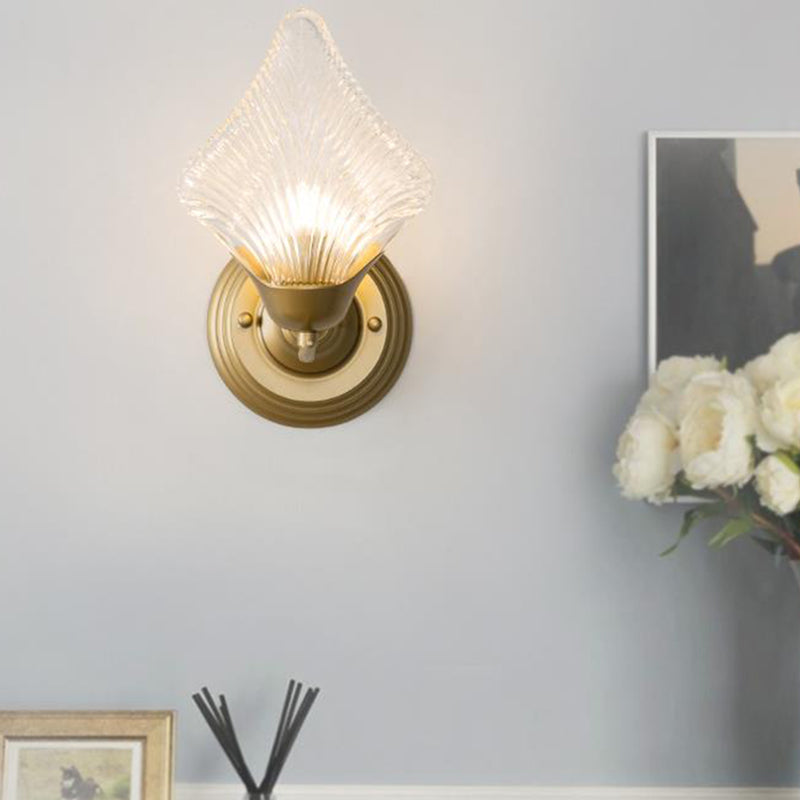 Shell Bedroom Wall Sconce Light Vintage Clear Ribbed Glass 1/2 Heads Gold Wall Lighting Fixture 1.0 Gold Clearhalo 'Wall Lamps & Sconces' 'Wall Lights' Lighting' 316712