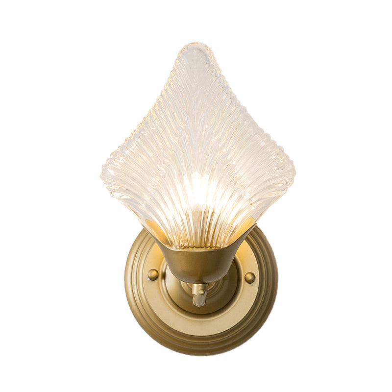 Shell Bedroom Wall Sconce Light Vintage Clear Ribbed Glass 1/2 Heads Gold Wall Lighting Fixture Clearhalo 'Wall Lamps & Sconces' 'Wall Lights' Lighting' 316713