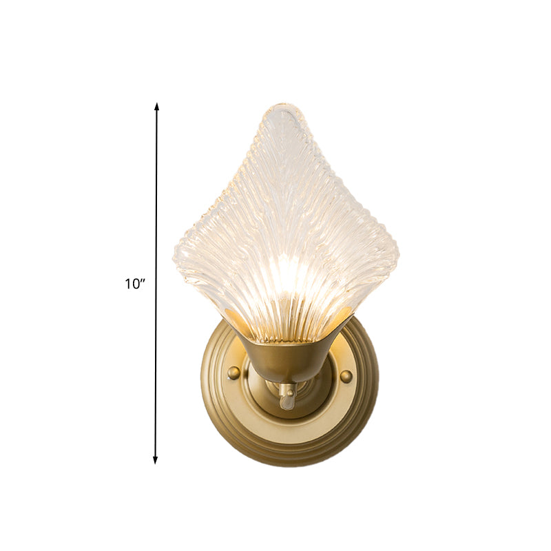 Shell Bedroom Wall Sconce Light Vintage Clear Ribbed Glass 1/2 Heads Gold Wall Lighting Fixture Clearhalo 'Wall Lamps & Sconces' 'Wall Lights' Lighting' 316714