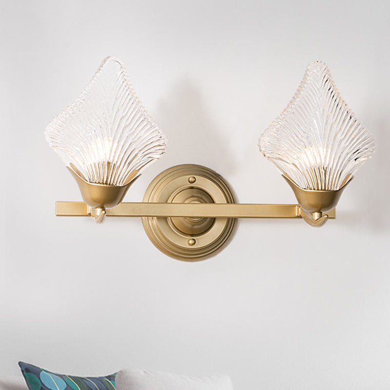 Shell Bedroom Wall Sconce Light Vintage Clear Ribbed Glass 1/2 Heads Gold Wall Lighting Fixture 2.0 Gold Clearhalo 'Wall Lamps & Sconces' 'Wall Lights' Lighting' 316715