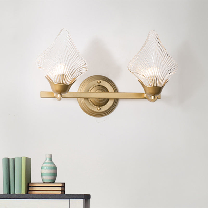 Shell Bedroom Wall Sconce Light Vintage Clear Ribbed Glass 1/2 Heads Gold Wall Lighting Fixture Clearhalo 'Wall Lamps & Sconces' 'Wall Lights' Lighting' 316716