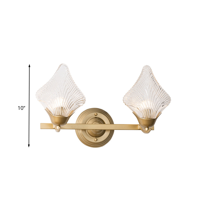 Shell Bedroom Wall Sconce Light Vintage Clear Ribbed Glass 1/2 Heads Gold Wall Lighting Fixture Clearhalo 'Wall Lamps & Sconces' 'Wall Lights' Lighting' 316718