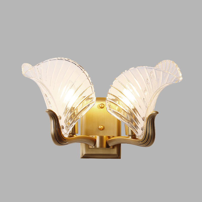 Gold 1/2 Lights Wall Lighting Retro Clear Prismatic Glass Leaf Wall Mount Light for Bedroom Clearhalo 'Wall Lamps & Sconces' 'Wall Lights' Lighting' 316740