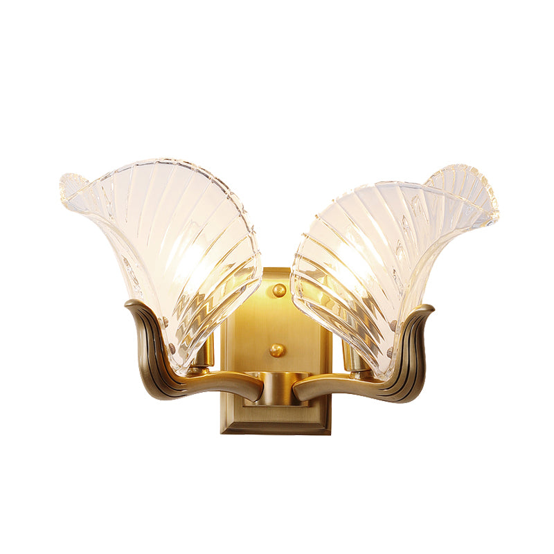 Gold 1/2 Lights Wall Lighting Retro Clear Prismatic Glass Leaf Wall Mount Light for Bedroom Clearhalo 'Wall Lamps & Sconces' 'Wall Lights' Lighting' 316743