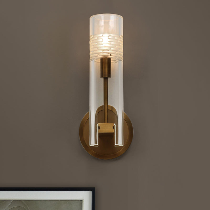 Clear Crystal Gold Wall Lamp Cylinder 1 Bulb Traditional Wall Lighting Fixture for Living Room Clearhalo 'Wall Lamps & Sconces' 'Wall Lights' Lighting' 316749