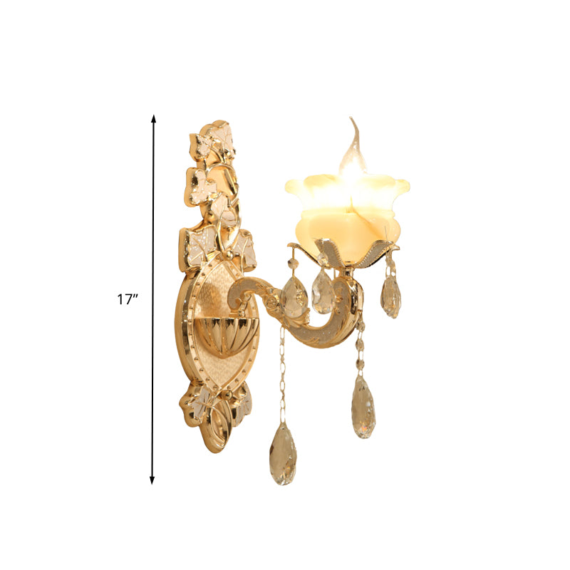 Traditional Candle Wall Mount Lamp 1/2 Heads White Glass Wall Sconce Lighting in Brass with Crystal Draping Clearhalo 'Wall Lamps & Sconces' 'Wall Lights' Lighting' 316806