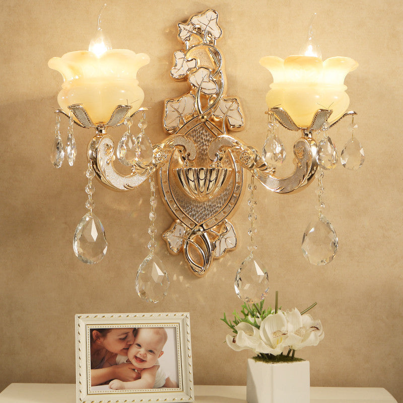 Traditional Candle Wall Mount Lamp 1/2 Heads White Glass Wall Sconce Lighting in Brass with Crystal Draping Clearhalo 'Wall Lamps & Sconces' 'Wall Lights' Lighting' 316808