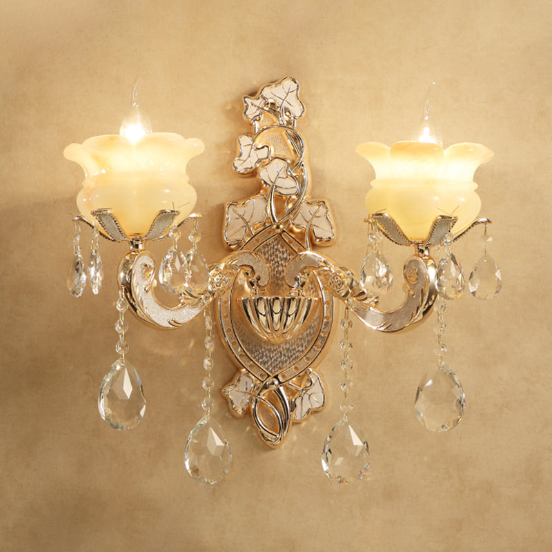 Traditional Candle Wall Mount Lamp 1/2 Heads White Glass Wall Sconce Lighting in Brass with Crystal Draping Clearhalo 'Wall Lamps & Sconces' 'Wall Lights' Lighting' 316810