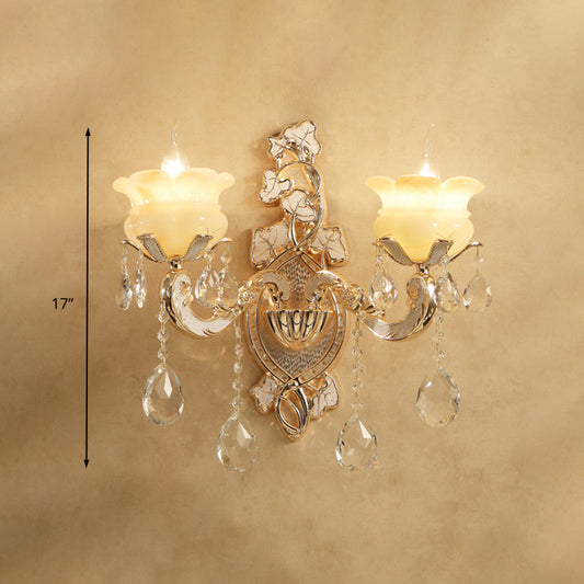 Traditional Candle Wall Mount Lamp 1/2 Heads White Glass Wall Sconce Lighting in Brass with Crystal Draping Clearhalo 'Wall Lamps & Sconces' 'Wall Lights' Lighting' 316811