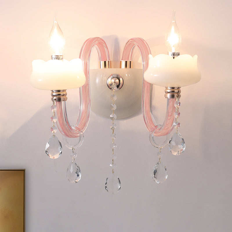 2 Bulbs Crystal Prism Sconce Light Traditional Pink Candelabra Living Room Wall Mounted Lighting Clearhalo 'Wall Lamps & Sconces' 'Wall Lights' Lighting' 316814