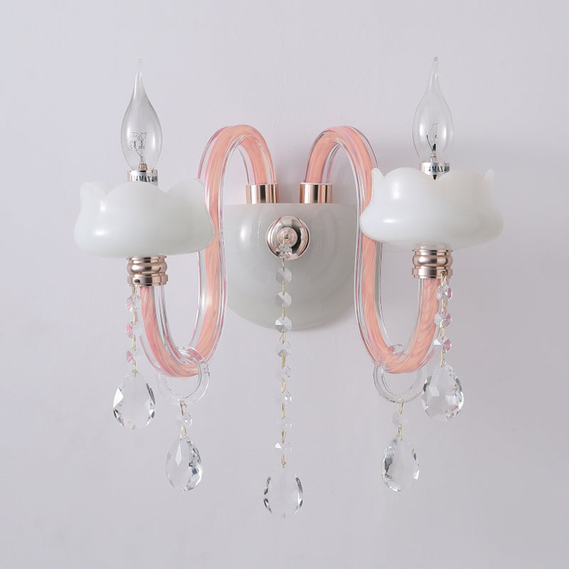 2 Bulbs Crystal Prism Sconce Light Traditional Pink Candelabra Living Room Wall Mounted Lighting Clearhalo 'Wall Lamps & Sconces' 'Wall Lights' Lighting' 316815