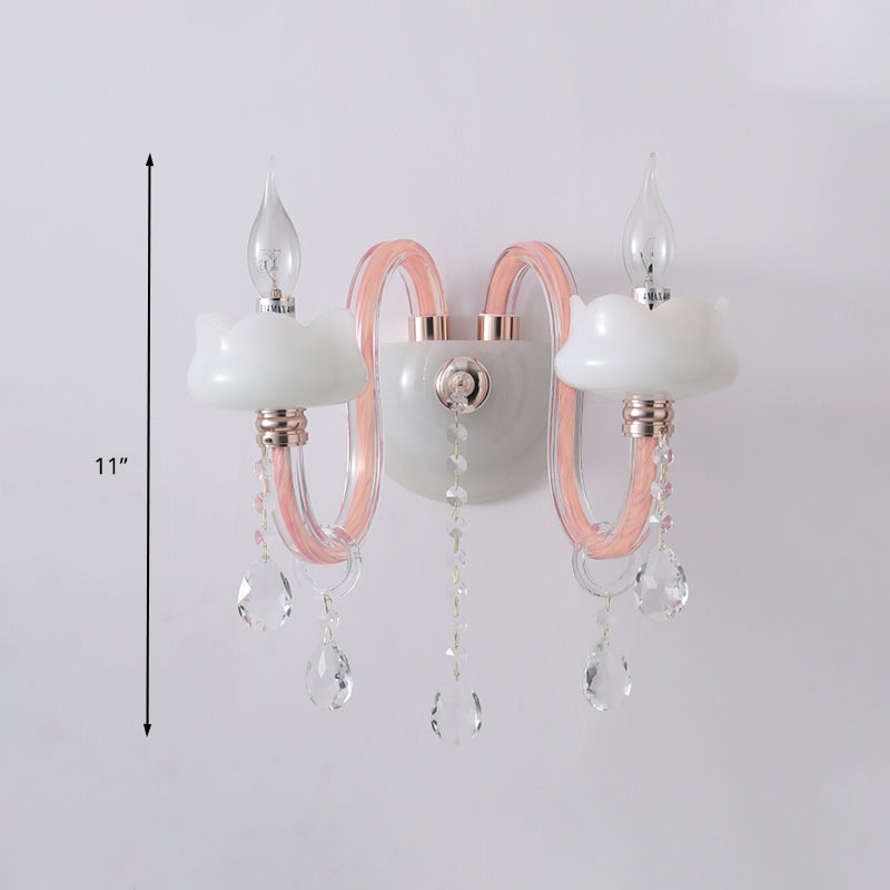 2 Bulbs Crystal Prism Sconce Light Traditional Pink Candelabra Living Room Wall Mounted Lighting Clearhalo 'Wall Lamps & Sconces' 'Wall Lights' Lighting' 316816