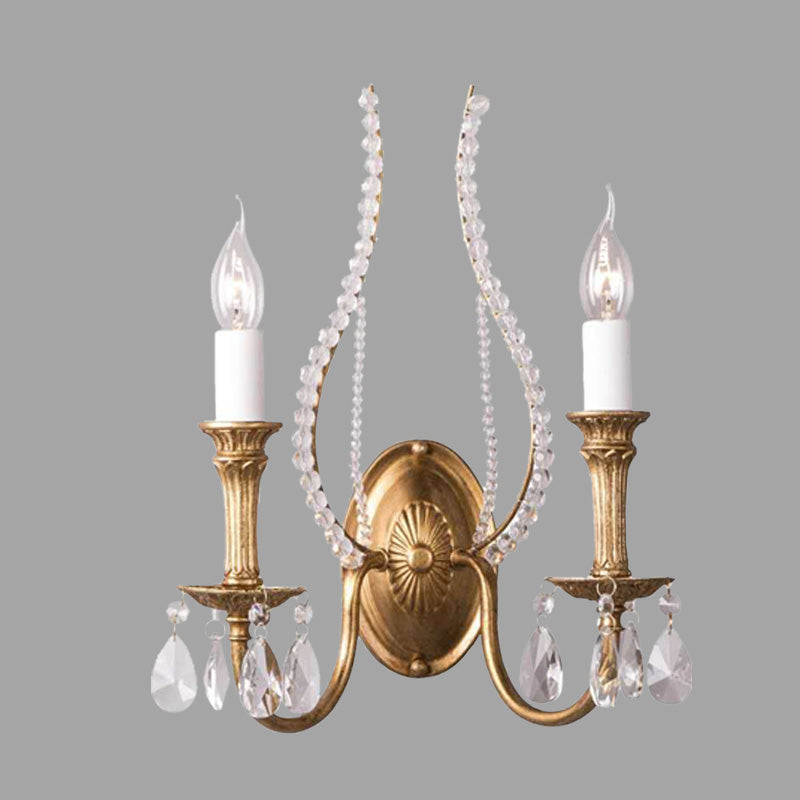 Candlestick Bedroom Sconce Light Rustic Faceted Crystal 1/2 Heads Brass Wall Lighting Fixture 2.0 Brass Clearhalo 'Wall Lamps & Sconces' 'Wall Lights' Lighting' 316904