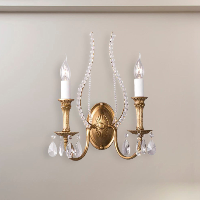 Candlestick Bedroom Sconce Light Rustic Faceted Crystal 1/2 Heads Brass Wall Lighting Fixture Clearhalo 'Wall Lamps & Sconces' 'Wall Lights' Lighting' 316906