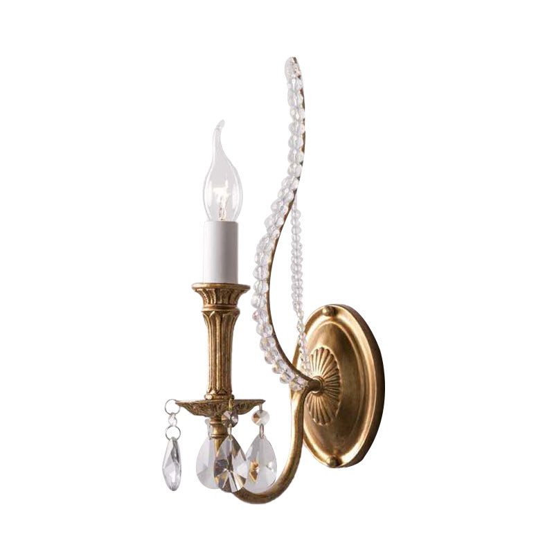 Candlestick Bedroom Sconce Light Rustic Faceted Crystal 1/2 Heads Brass Wall Lighting Fixture 1.0 Brass Clearhalo 'Wall Lamps & Sconces' 'Wall Lights' Lighting' 316909