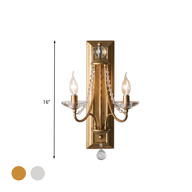 2 Lights Candle Wall Lighting Rural Gold/Silver Metal Wall Light Fixture with Crystal Ball for Bedroom Clearhalo 'Wall Lamps & Sconces' 'Wall Lights' Lighting' 316935