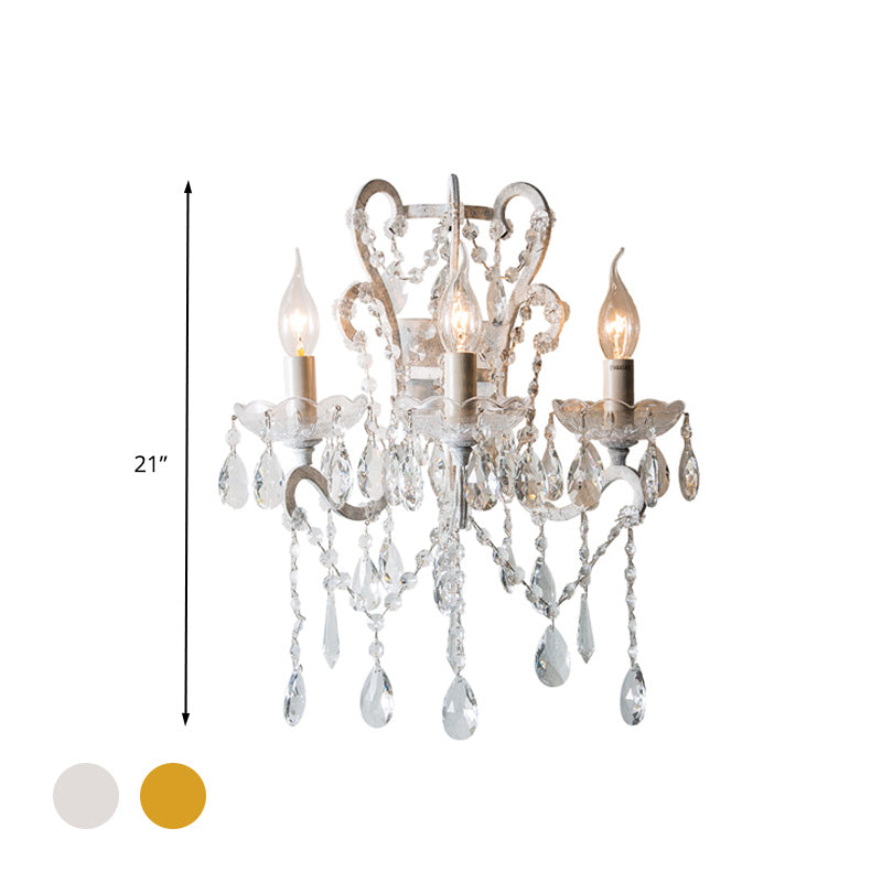 Candle Bedroom Sconce Light Rustic Metal 3 Bulbs Gold/Ivory Wall Lighting Fixture with Dangling Crystal Accent Clearhalo 'Wall Lamps & Sconces' 'Wall Lights' Lighting' 316947