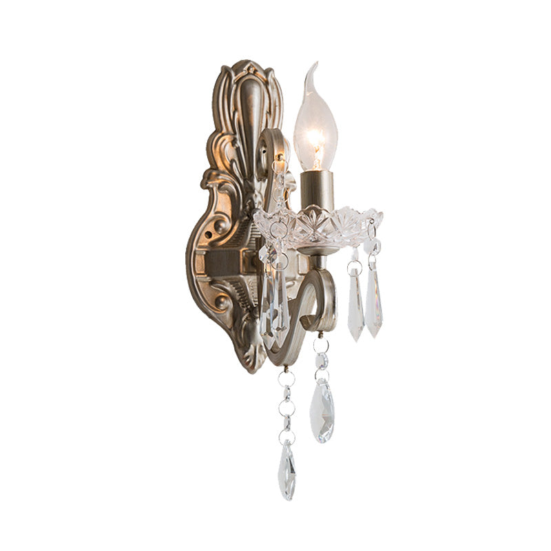 Crystal Candlestick Wall Mounted Lamp Retro 1/2 Bulbs Living Room Sconce Light Fixture in Silver Clearhalo 'Wall Lamps & Sconces' 'Wall Lights' Lighting' 316969